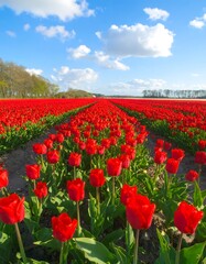 A vast field of vibrant red tulips stretches into the distance under a bright, partly cloudy sky.  A picturesque landscape