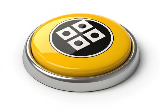 Realistic yellow clickable button with black and white icon on white background