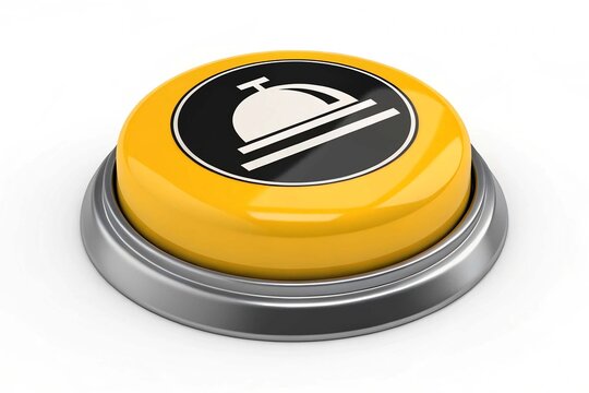 Realistic yellow clickable button with black and white icon on white background