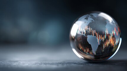 Global Financial Market Trends Visualized in Crystal Globe with World Map and Stock Charts