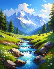 Serene mountain valley scene with a flowing stream, lush meadows, and snow-capped peaks under a bright sky