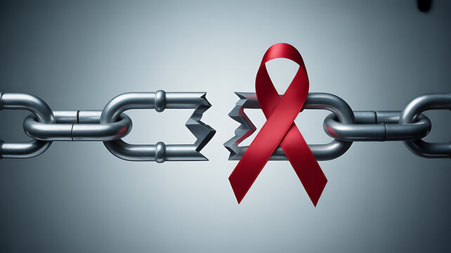 Red awareness ribbon breaking a metal chain, symbolizing liberation from disease or stigma