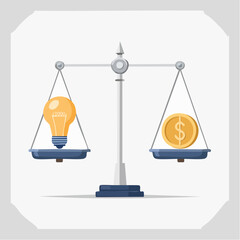 A balance scale weighing a bright yellow lightbulb against a golden dollar coin, symbolizing the value of ideas versus money.