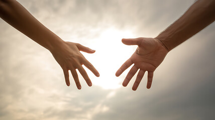 Two hands reaching toward each other against a bright sky with sunlight
