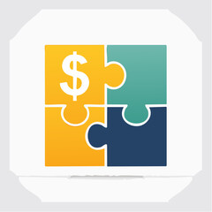 Four colorful puzzle pieces, one with a dollar sign, forming a square, representing financial solutions and business strategy.