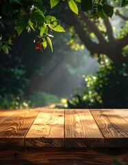 Wooden table in a lush garden setting