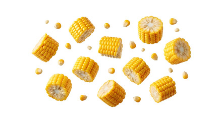 Freshly cut corn on the cob pieces and kernels scattered and isolated on a transparent background