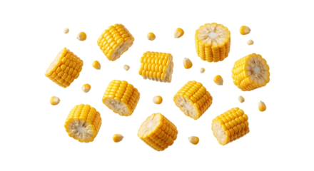 Freshly cut corn on the cob pieces and kernels scattered and isolated on a transparent background