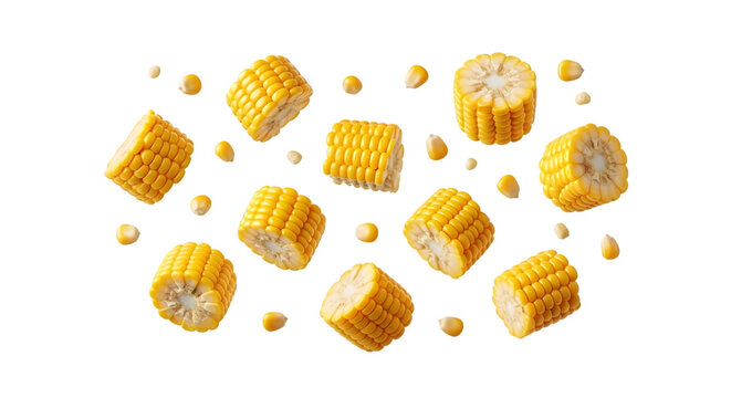 Freshly cut corn on the cob pieces and kernels scattered and isolated on a transparent background