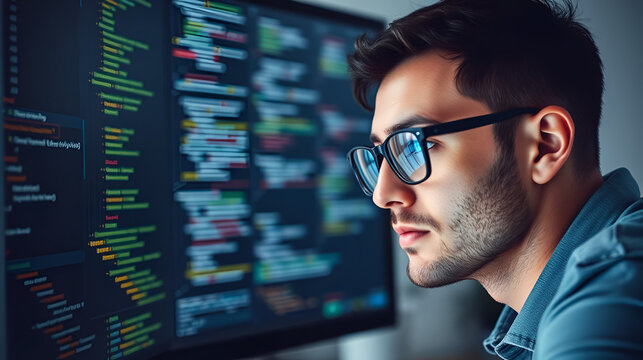 Focused developer coder wears glasses working on computer looking at programming code data cyber security digital tech reflecting in spectacles developing software program, focus on eye close up view