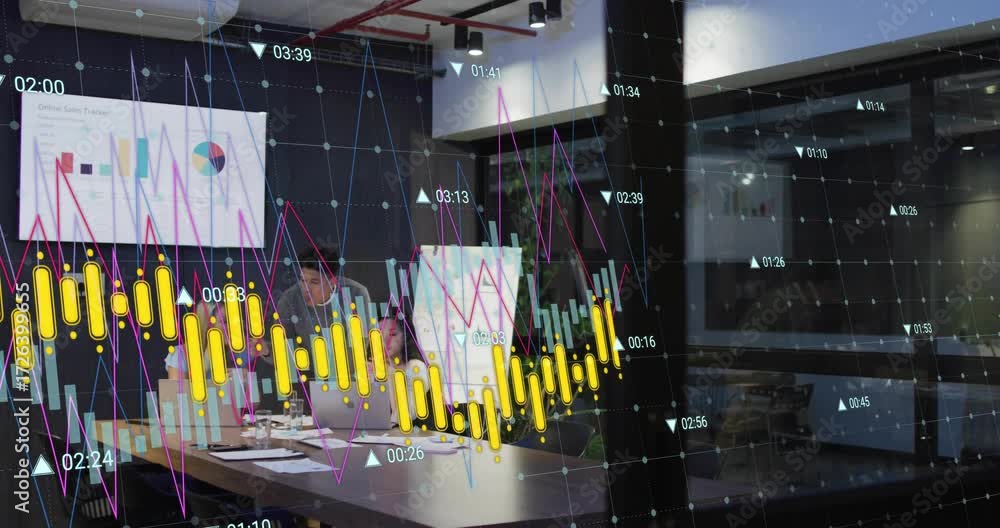 Aufkleber tech team analyzing live graphs, new colleague entering pointing at flip chart driving teamwork