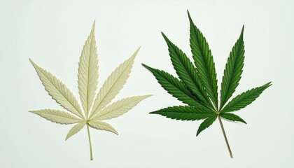 Two cannabis leaves, one light beige, the other deep green, set against a plain white background