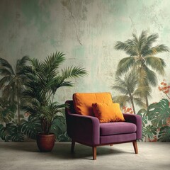 Fototapeta premium Relax in style with this comfortable purple armchair and tropical palm tree wall, perfect for adding a touch of paradise to any living space