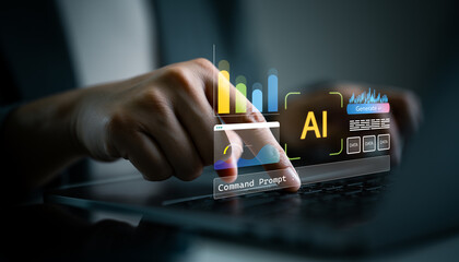 Close-up of hand using AI command prompt interface with data charts and visual analytics. Concept of artificial intelligence, prompt engineering, and smart data-driven generation tools.