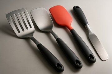 Set of Four Kitchen Utensils Including Slotted Turner Flat Spatula Silicone Spatula and Paring Knife