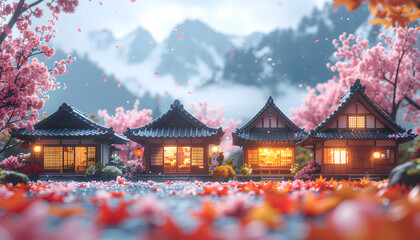 Japanese house miniatures, with some flowers in front and a mountain in the background