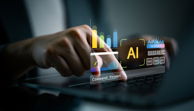 Close-up of hand using AI command prompt interface with data charts and visual analytics. Concept of artificial intelligence, prompt engineering, and smart data-driven generation tools. - Powered by Adobe