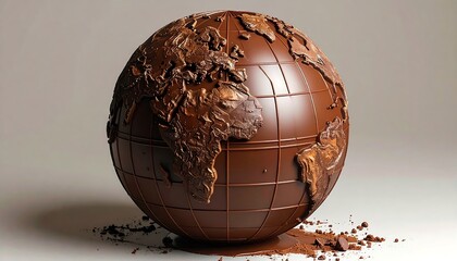 A chocolate globe sits on a surface, partially melting, with chocolate shavings around it
