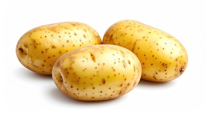 Three golden potatoes on white background