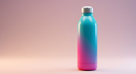 A stylish reusable water bottle with a vibrant teal and pink gradient finish stands against a soft pink background.