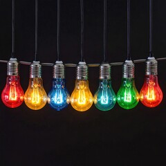Colorful light bulbs in a row against a dark background