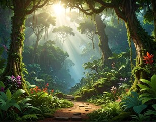 Sunlit path through lush, vibrant rainforest, showing diverse flora and stone steps