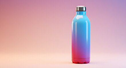 A sleek, gradient-colored water bottle with a metallic cap, standing against a soft, ombre background.