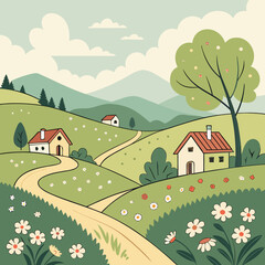 Fototapeta premium Charming countryside landscape vector with houses, mountains, green hills, trees, and flowers along a winding path. Ideal for rural, travel, nature, and scenic design projects