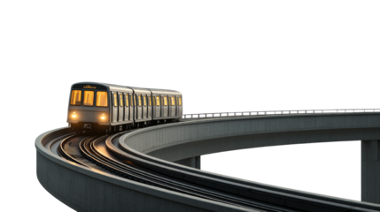 Modern subway train on elevated track with dynamic curvature and gradient lighting against