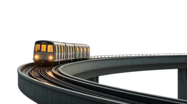 Modern subway train on elevated track with dynamic curvature and gradient lighting against