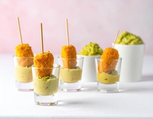 Appetizer shots of crispy fried snacks with creamy dip