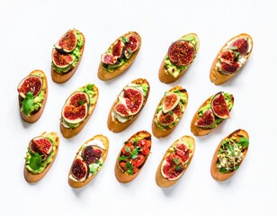 Assorted Bruschetta arranged on white background