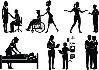 Nurse silhouette, patient care, healthcare teamwork, hospital scene, medical staff, black vector, emotional support, wheelchair, bed care, documentation