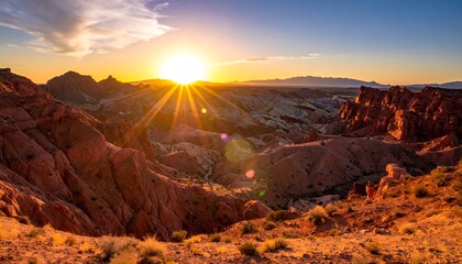 Vibrant sunset over a rugged, colorful canyon landscape