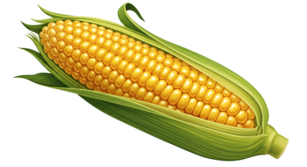 A single ear of ripe yellow corn with green husks, isolated on a transparent background