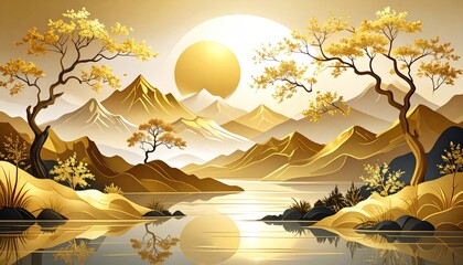 Golden mountain landscape with a serene lake
