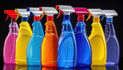 Row of colorful cleaning spray bottles
