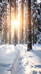 Sunlit path through snow-covered pine forest (4)