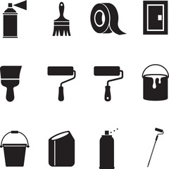 Home Renovation Tools Icon Set Silhouette Vector Illustration Bundle with Paint Rollers Brushes
