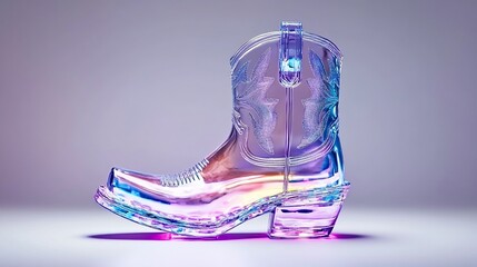 Translucent cowboy boot, gleaming, in gradient violet, blue and pink hues