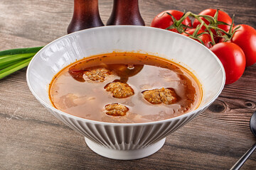 Tomato Soup with meatballs and vegetables