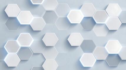 White and Gray Hexagons with Glowing Blue Edges on a Light Blue Background abstract bright