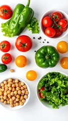 Fresh vegetables and chickpeas on white background
