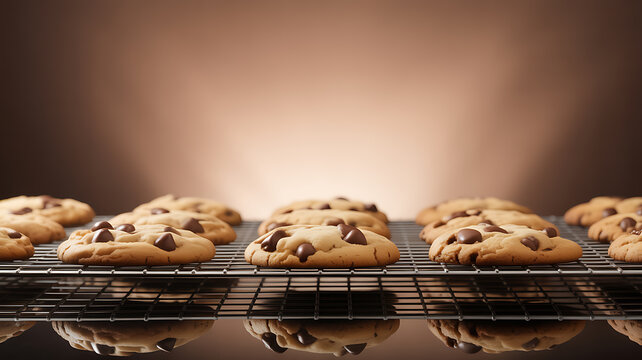 Freshly baked chocolate chip cookies cooling on a wire rack - Powered by Adobe