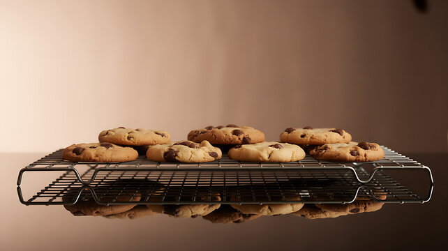 Freshly baked chocolate chip cookies cooling on a wire rack