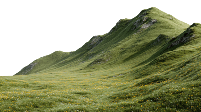 Verdant slopes with rocky outcrops, isolated on transparent setting, offering scenic beauty and