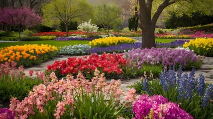 Colourful tulip field in a spring park garden