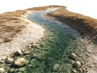 Serene river winds through arid terrain, rocks glistening beneath translucent water surface,