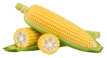 Fresh ripe yellow corn on the cob with green husks, isolated on transparent background