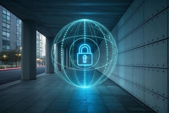 Futuristic glowing digital padlock encased in a transparent globe represents global cybersecurity and data protection - Powered by Adobe